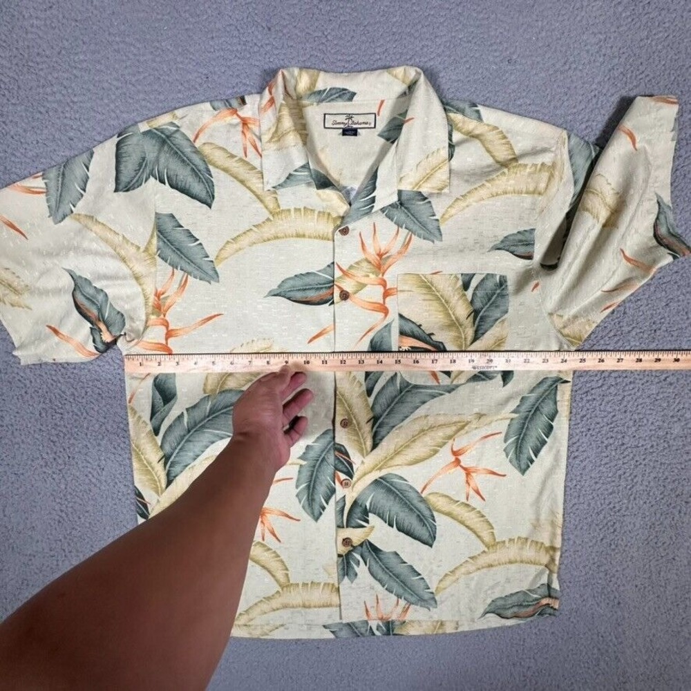 Tommy Bahama Shirt Mens Large Yellow Floral Hawaiian 100% Silk Pocket Beach Logo - Picture 6 of 9